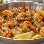 Garlic Butter Shrimp Skillet with juicy seared shrimp, garlic butter sauce, fresh lemon wedges, parsley, and golden pan juices