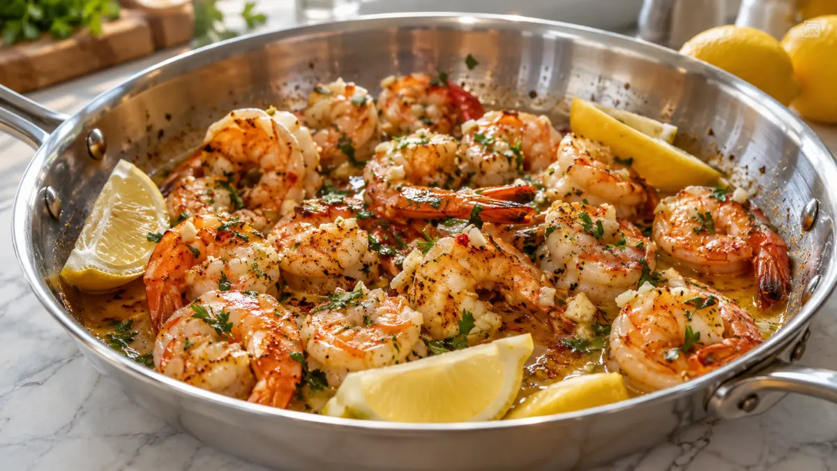 20-Minute Garlic Butter Shrimp Skillet recipe 2 Garlic Butter Shrimp Skillet with juicy seared shrimp, garlic butter sauce, fresh lemon wedges, parsley, and golden pan juices
