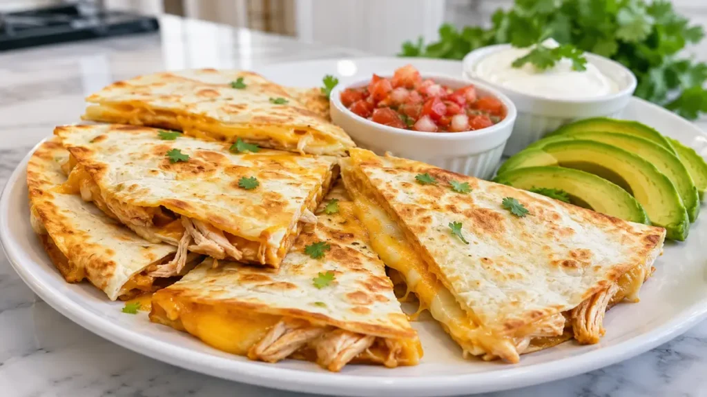 Quick Chicken Quesadillas filled with juicy shredded chicken, melted Monterey Jack and cheddar cheese, served with salsa, sour cream, and fresh avocado.