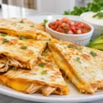 Quick Chicken Quesadillas filled with juicy shredded chicken, melted Monterey Jack and cheddar cheese, served with salsa, sour cream, and fresh avocado.