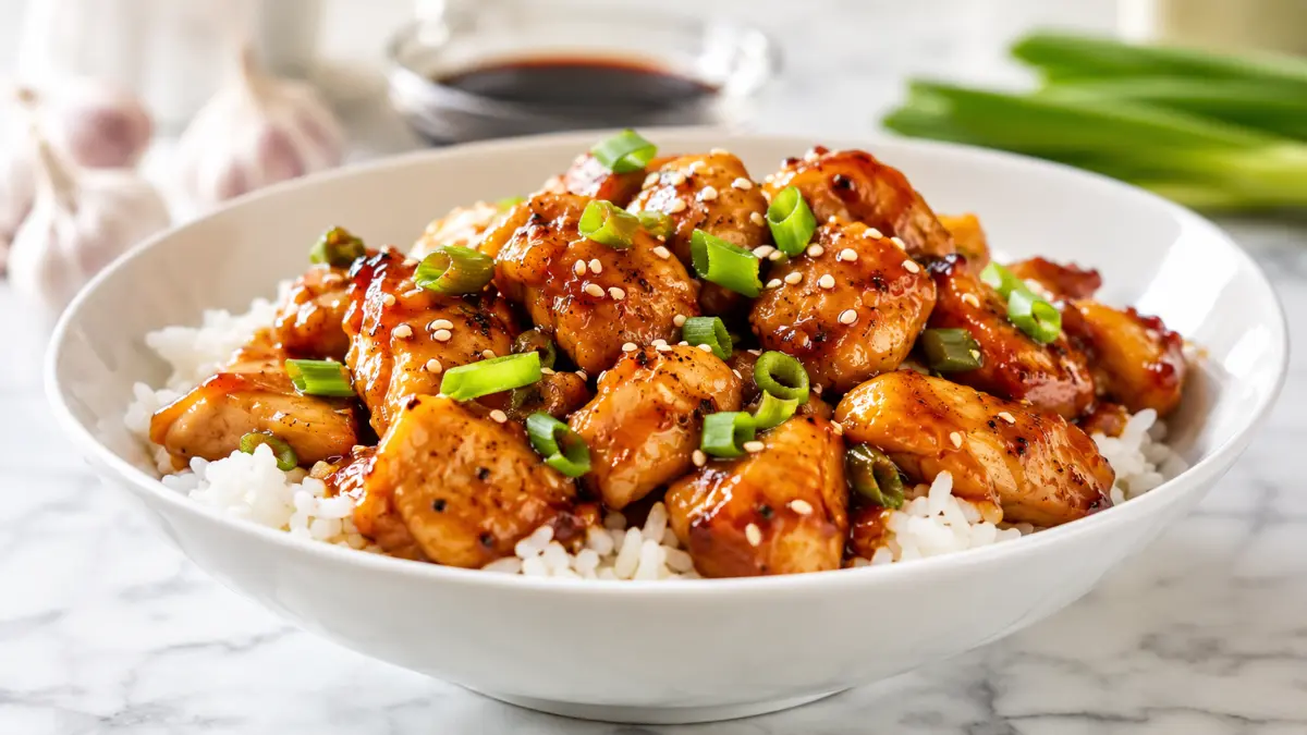 Quick Honey Garlic Chicken 2 Quick honey garlic chicken served over steamed rice with a glossy honey garlic sauce, tender chicken breast, green onions, and sesame seeds for an easy 20-minute family dinner.