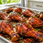 Sheet Pan BBQ Chicken Drumsticks with crispy roasted skin, sticky barbecue glaze, juicy oven-baked chicken, and easy one-pan family dinner.