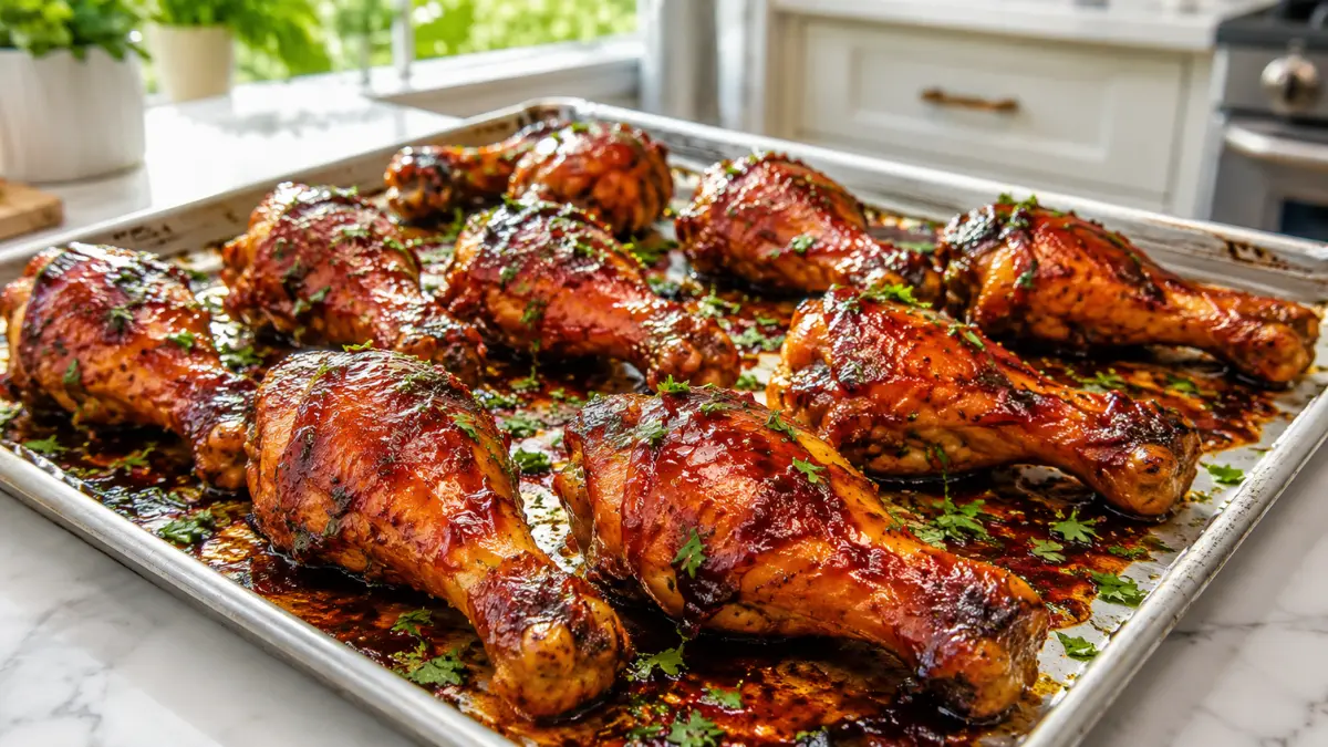 Sheet Pan BBQ Chicken Drumsticks for an Easy Family Dinner 2 Sheet Pan BBQ Chicken Drumsticks with crispy roasted skin, sticky barbecue glaze, juicy oven-baked chicken, and easy one-pan family dinner.