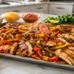 Sheet Pan Chicken Fajitas with juicy chicken, roasted bell peppers, red onion, and homemade Tex-Mex seasoning