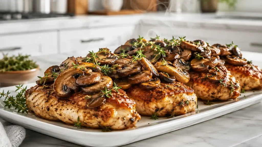 Air Fryer Mushroom Chicken topped with caramelized cremini mushrooms and fresh thyme for a juicy high-protein dinner