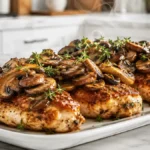 Air Fryer Mushroom Chicken topped with caramelized cremini mushrooms and fresh thyme for a juicy high-protein dinner